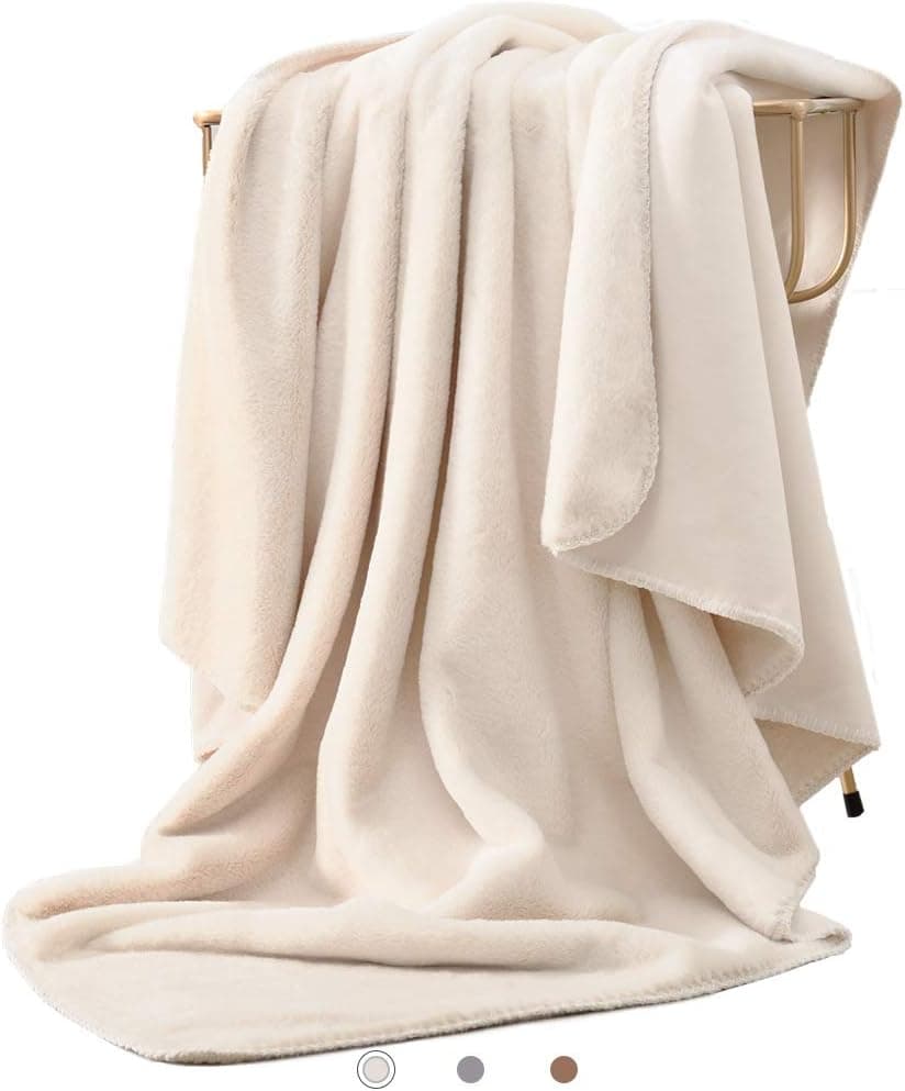 Kawahoney Luxury Rabbit Faux Fur Blanket Lvory White Throw Size Super Soft Warm Cozy Fluffy Fuzzy Thick Lightweight Hypoallergenic Double Side Microsuede Blanket for Couch Bed Sofa