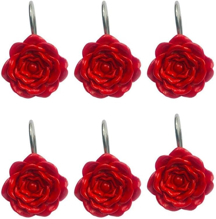 12 Pcs Valentine Gift Decorative Rust Proof Shower Curtain Hooks Red Rose Design Shower Curtain Rings Hooks