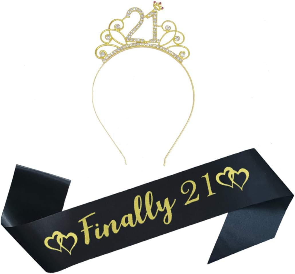 21st Birthday Party Supplies 21st Birthday Gold Tiara and Sash Kit Rhinestone Birthday Headband and Glitter Satin Sash for Happy Birthday Party Favors, Decorations