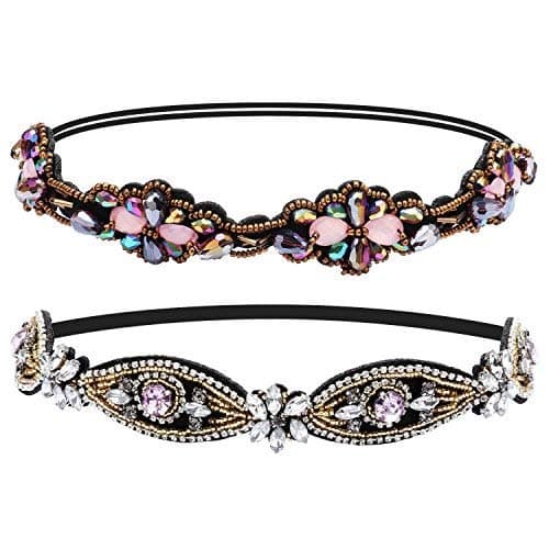Amariver 2 Pieces Rhinestone Beaded Elastic Headband,Fashion Headbands Handmade Hair Bands Hair Accessories for Lady Woman 20-25" Fits for Most