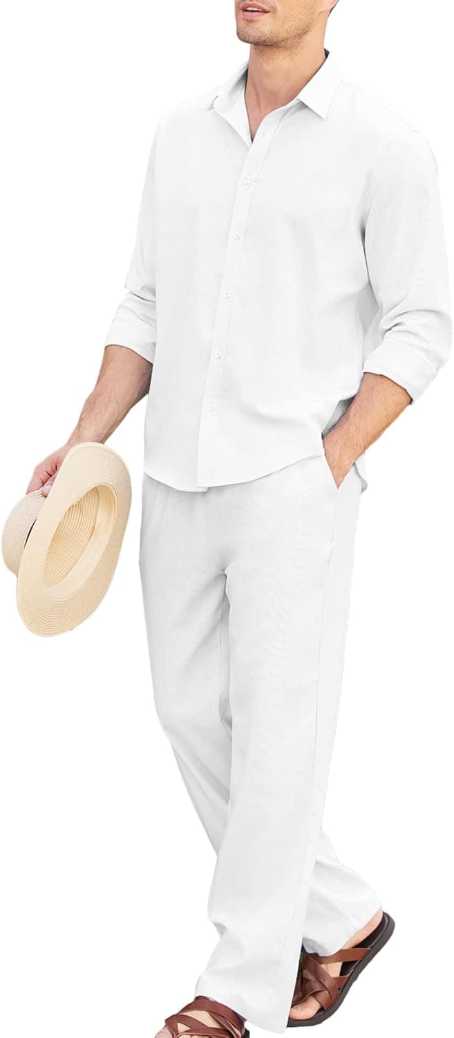 COOFANDY Men 2 Piece Linen Set Outfits Beach Button Up Matching Shirts and Pants Sets
