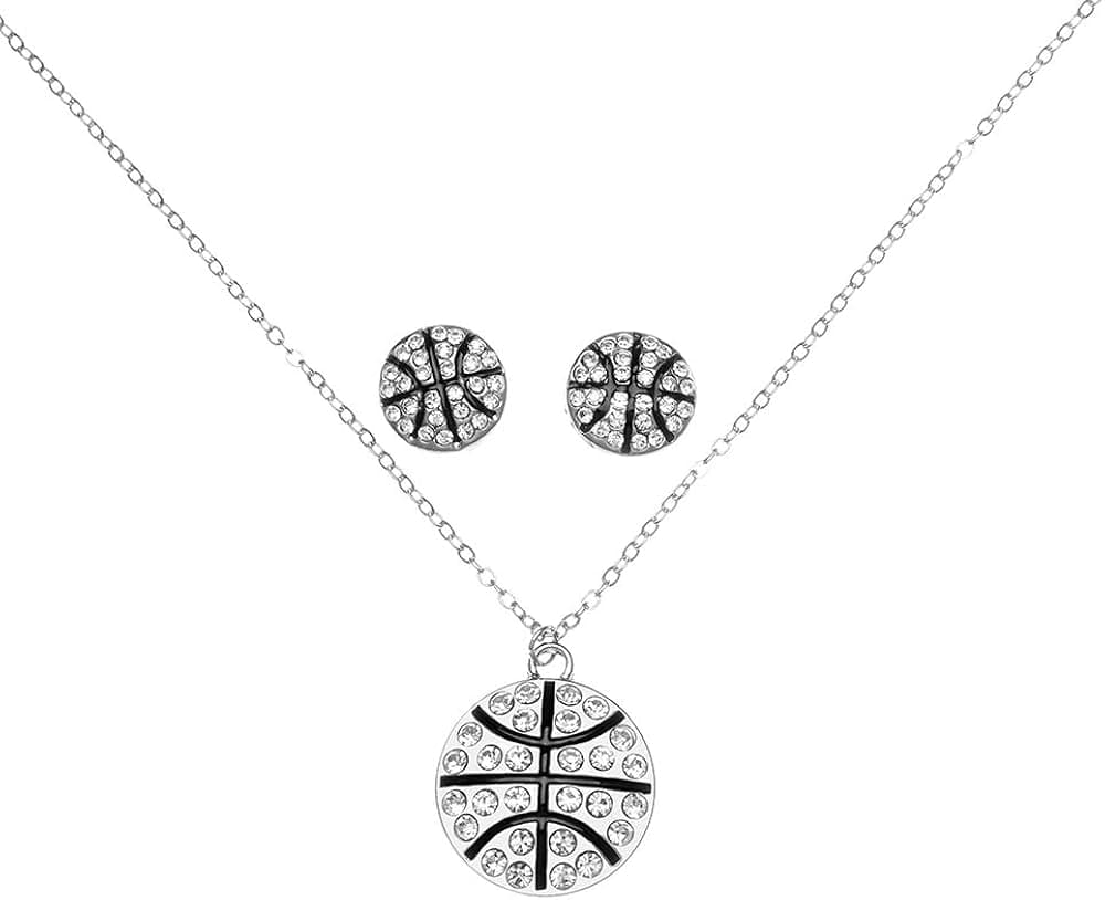 Sportybella Basketball Necklace & Earrings, Basketball Jewelry, Basketball Rhinestone Charm Necklace, Gift for Basketball Players
