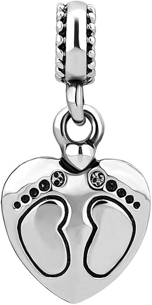 QueenCharms Baby Footprint On Heart Charm Beads Fit European Charm Bracelets