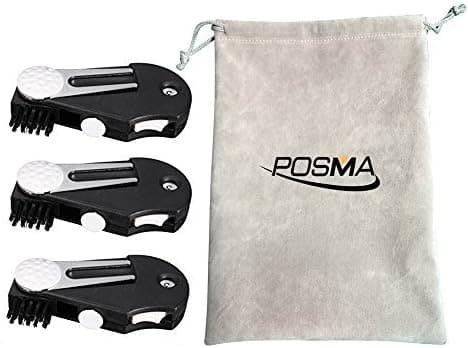 POSMA CA060 Golf Basics 5-in-1 Golf Divot Tool with Club Brush, Divot Tool, Stroke Score Counter, Ball Marker Holder, and Groove Cleaner. and Clip - 3pcs Gift Set with Flannel Bag