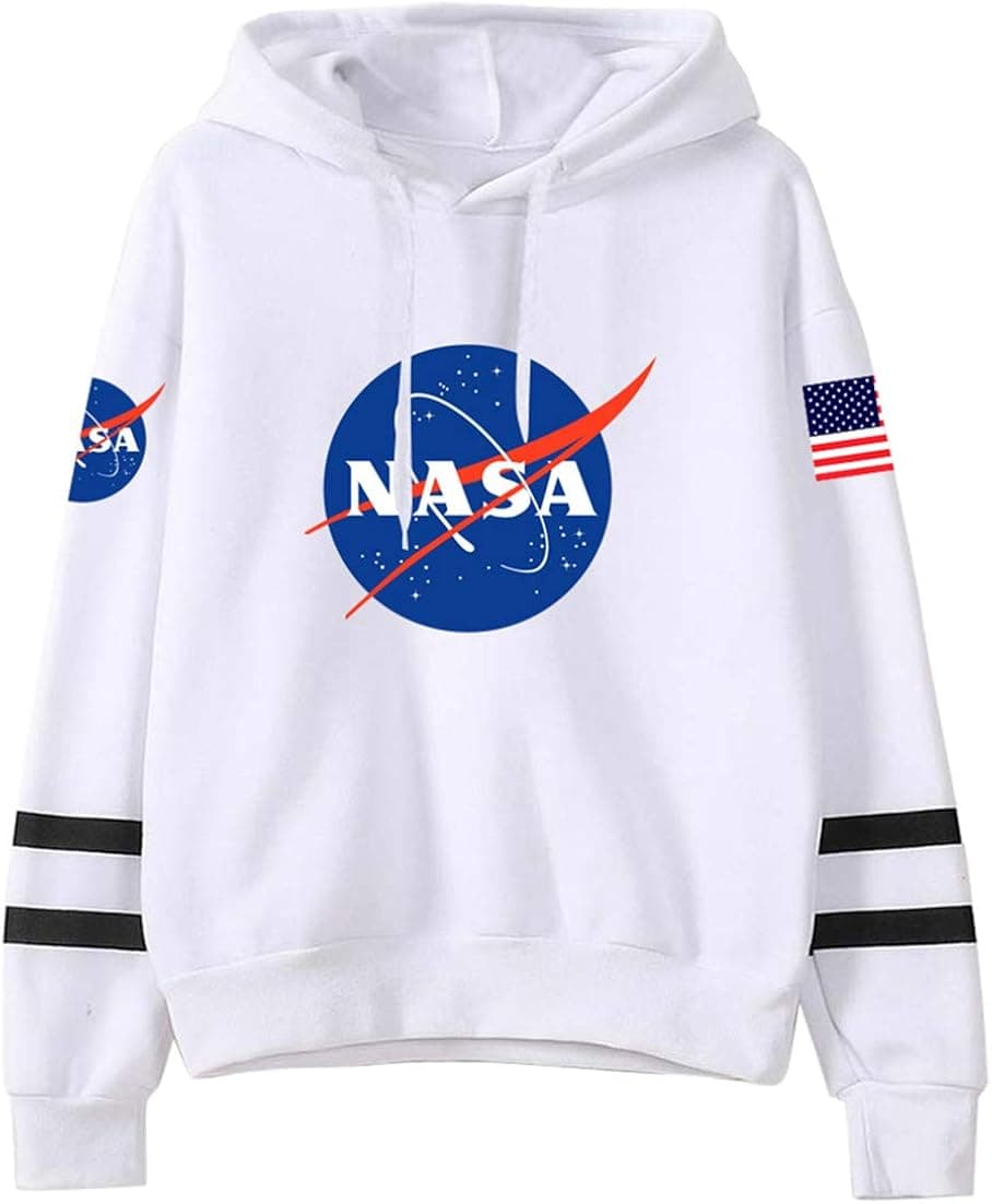 Pandolah Men's Sweatshirt NASA Logo Printed Pullover Classic Striped Hoodie