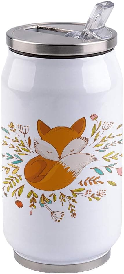 10oz Stainless Steel Tumbler with Lid & Straw-Double Wall Vacuum Insulated Travel Mug,Cute Little Fox with Flowers Water Bottle Coffee Beverage Drinks Cup for Adults Kids