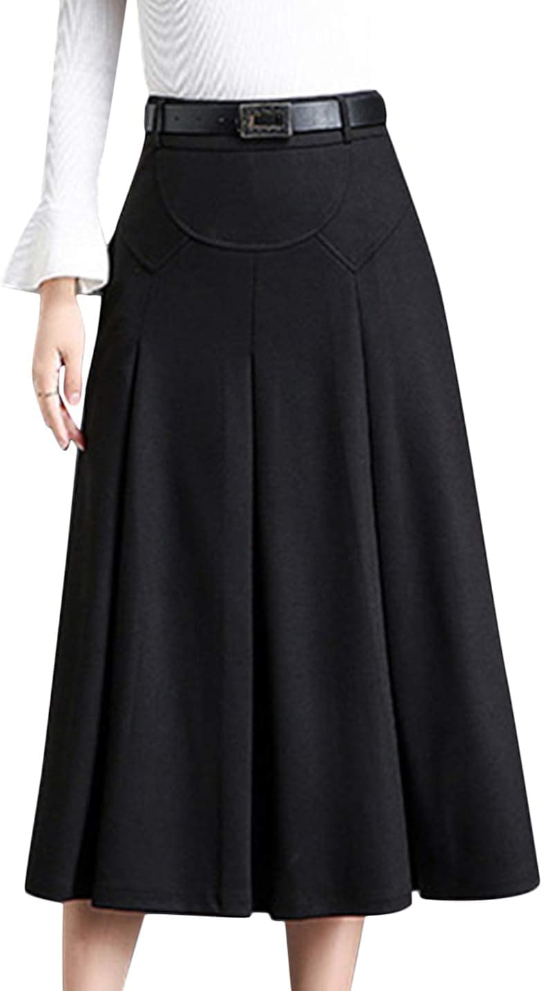 Tanming Womens Winter High Waist A-Line Pleated Wool Midi Skirt with Belt Loops