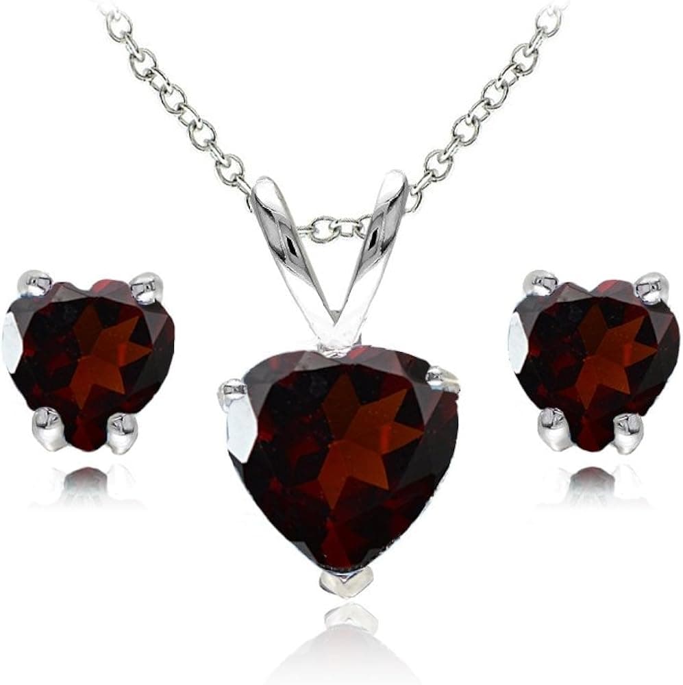 B. BRILLIANT Sterling Silver Genuine, Created or Synthetic Gemstone Solitaire Heart Necklace & Stud Earrings Jewelry Set for Women Girls