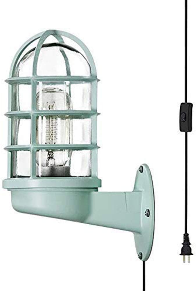 RUNNUP Industrial Plug in Adjustable Wall Sconce with Cord Mini Nautical Style Wall Light with Metal Cage and Glass Shade in Green Finish, with Switch