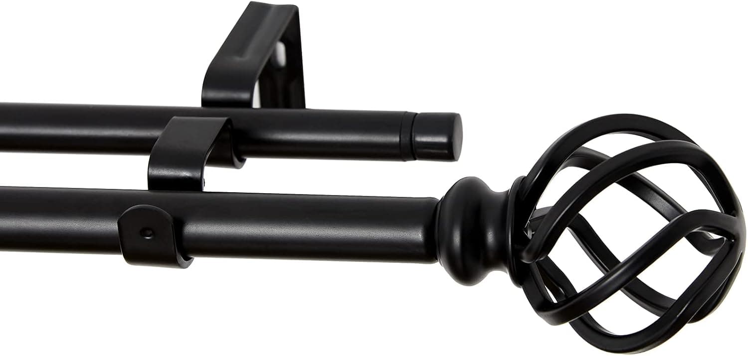QITERI Double Curtain Rod 28"-48" for windows with Twisting Cage Finials, 3/4" Decorative Adjustable 28 to 48 Inch for Window Rod Drapery Rod of Window Treatment, Black