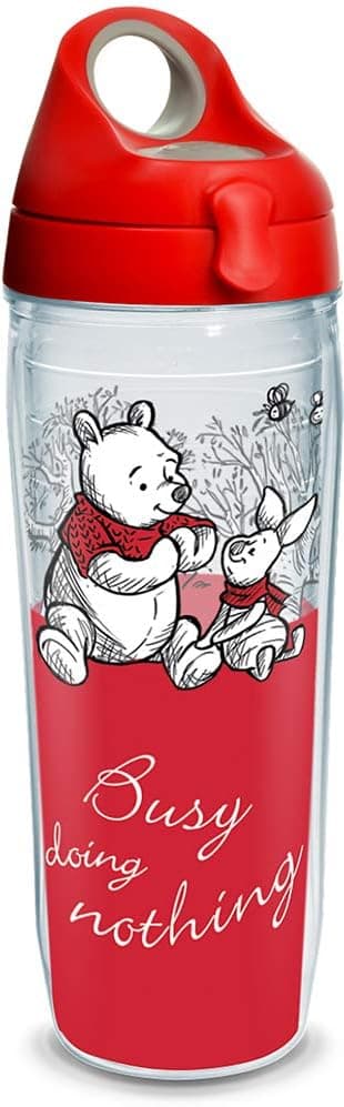Tervis Disney - Christopher Robin Busy Doing Nothing Insulated Tumbler with Wrap and Red with Gray Lid, 24oz Water Bottle, Clear