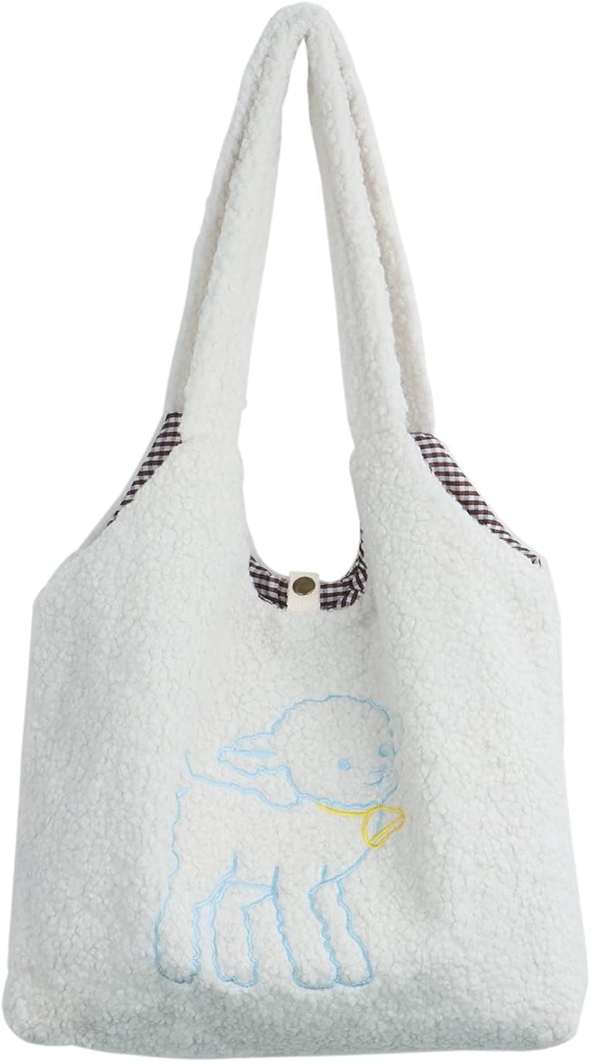 Oweisong Women Cute Bear Plush Shoulder Bag Large Faux Fur Sheep Shopping Tote Handbag Aesthetic Fuzzy Lamb Wool School Purse