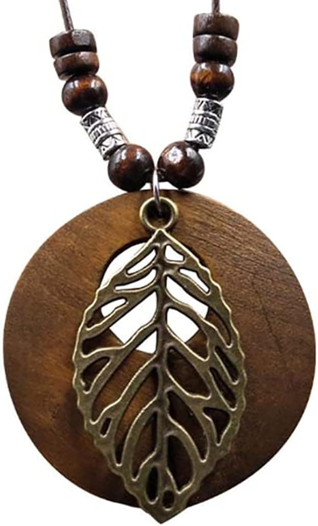 Les umes Vintage Necklace Wooden Pendant Long Necklaces for Women Boho Ethnic Style Handmade Jewelry
