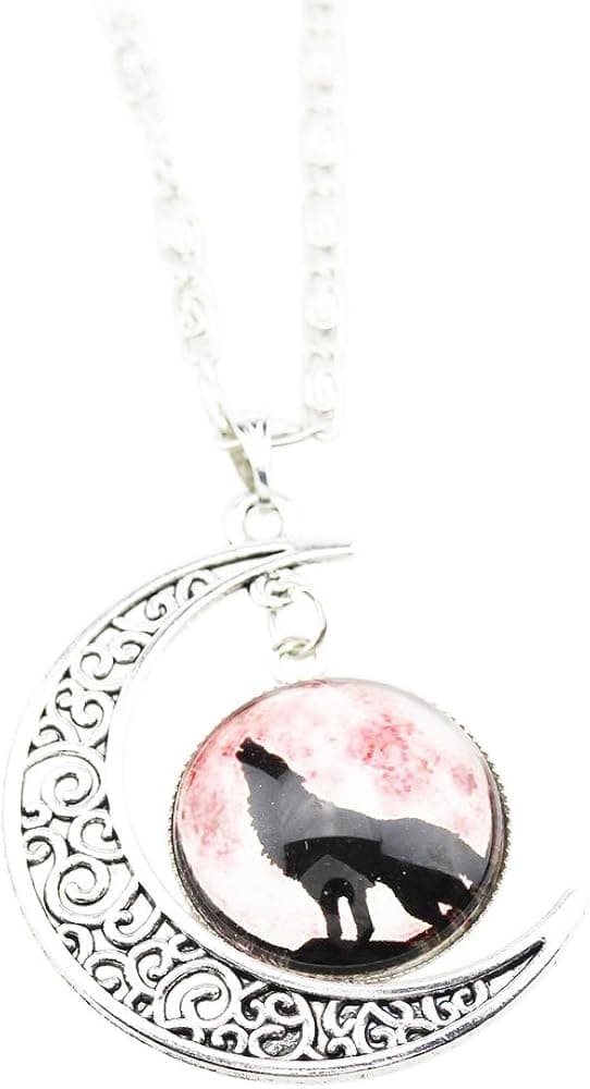 FOY-MALL Novelty Crescent Moon and Wolf Totem Time Gem Pendant Necklace