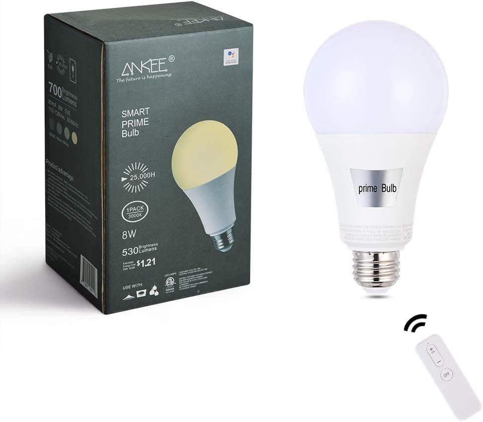 ANKEE Smart LED Bulbs w/ Remote Control Dimmable, Warm White Lighting | No Hub Wi-Fi Connectivity | Smartphone App, Alexa, Google Assistant Compatible | 8W (1 Prime Bulb)