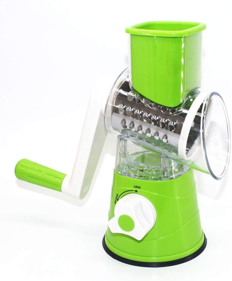 Rotary Cheese Grater | Mandoline Slicer | Firm Suction Base | Kitchen Use | Picnic Use | Salad Maker | Suitable For Vegetables | Potato, Cucumber, Onion, Carrot & More | 3 Drums Included