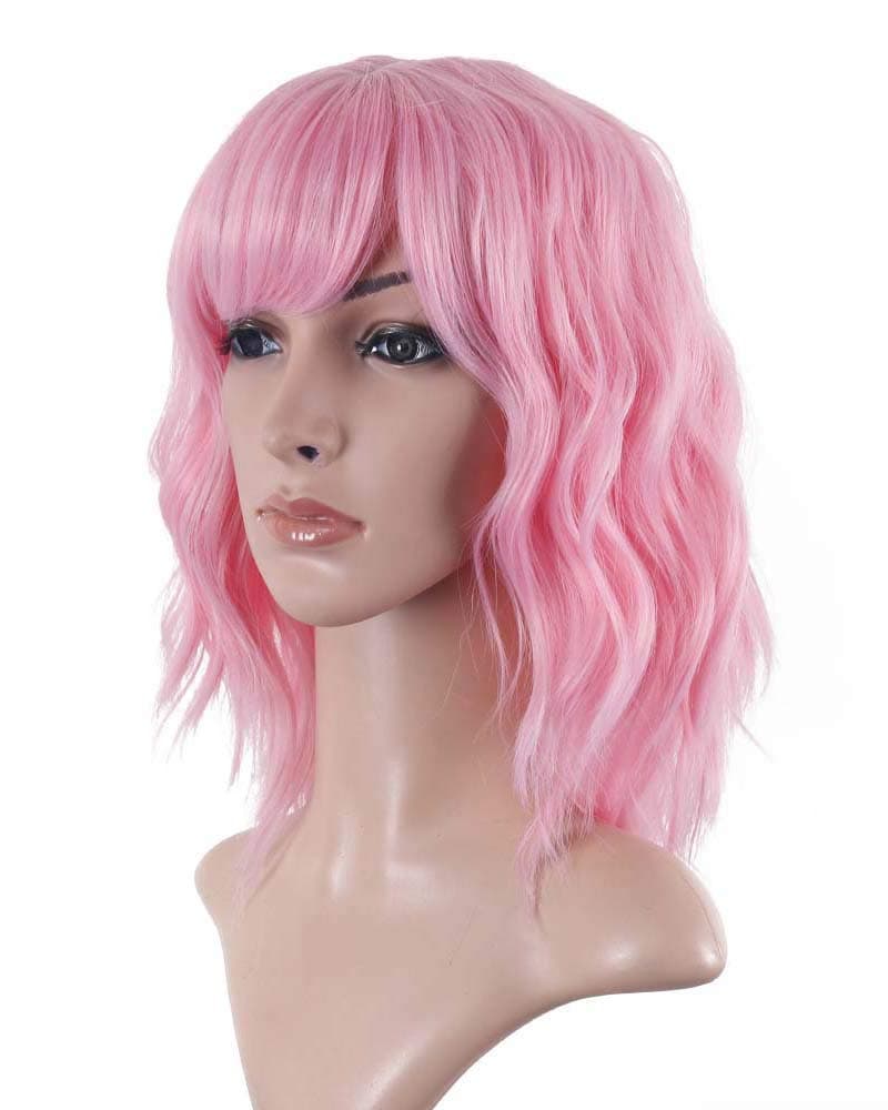 iChicHair 14 Inch Wavy Bob Wigs Women's Short Curly Wigs With Air Bangs Shoulder Length Wig Synthetic Cosplay Wig for Girl Colorful Party Wigs (Lovely Pink)