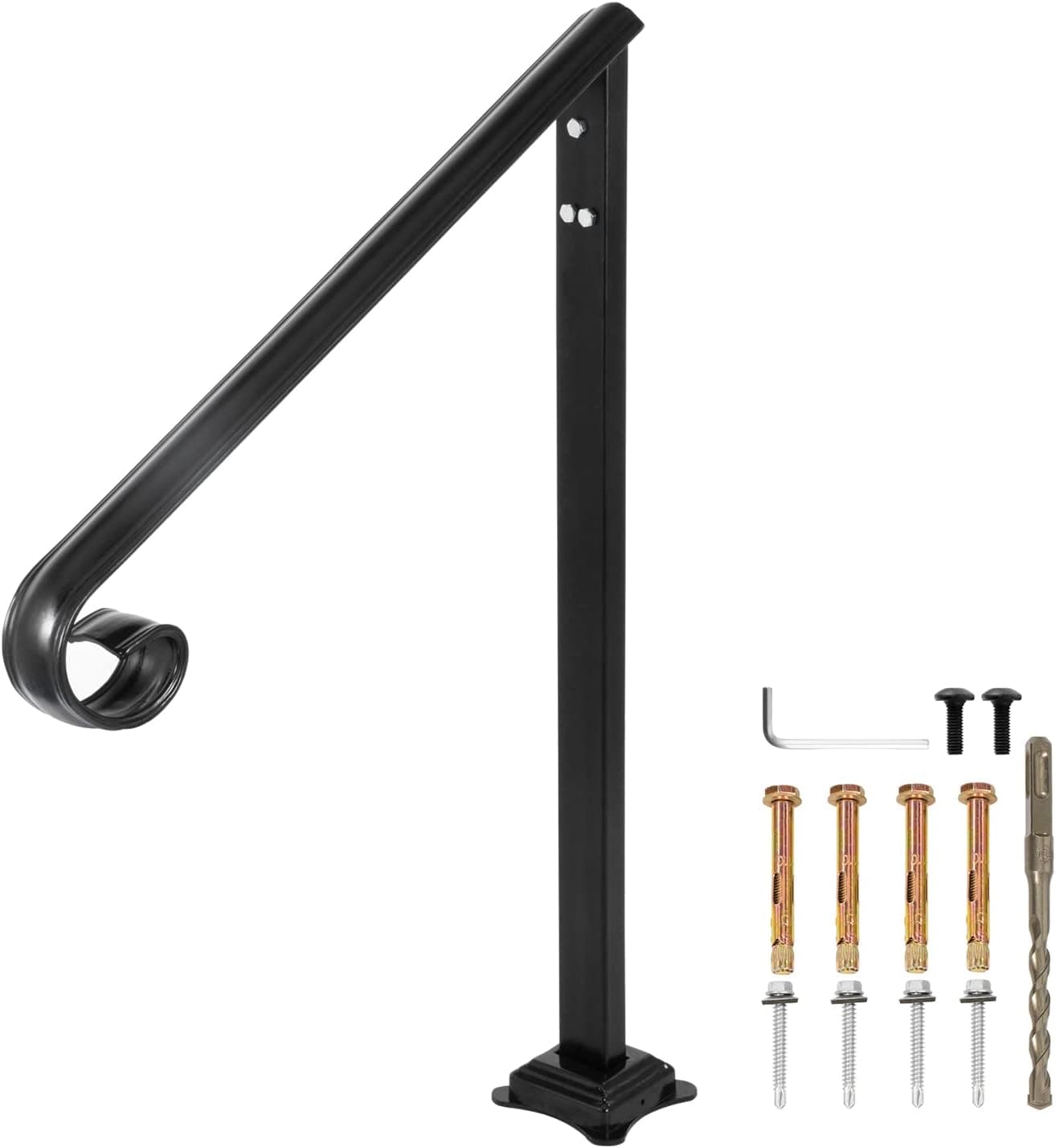 VEVOR Handrail Fits 1 or 2 Steps,Handrails Real Iron Metal Material,Real Wrought Iron Handrails & Stainless Steel Post Mounts, with Installation Kit Hand Rails for Outdoor Steps-Matte Black