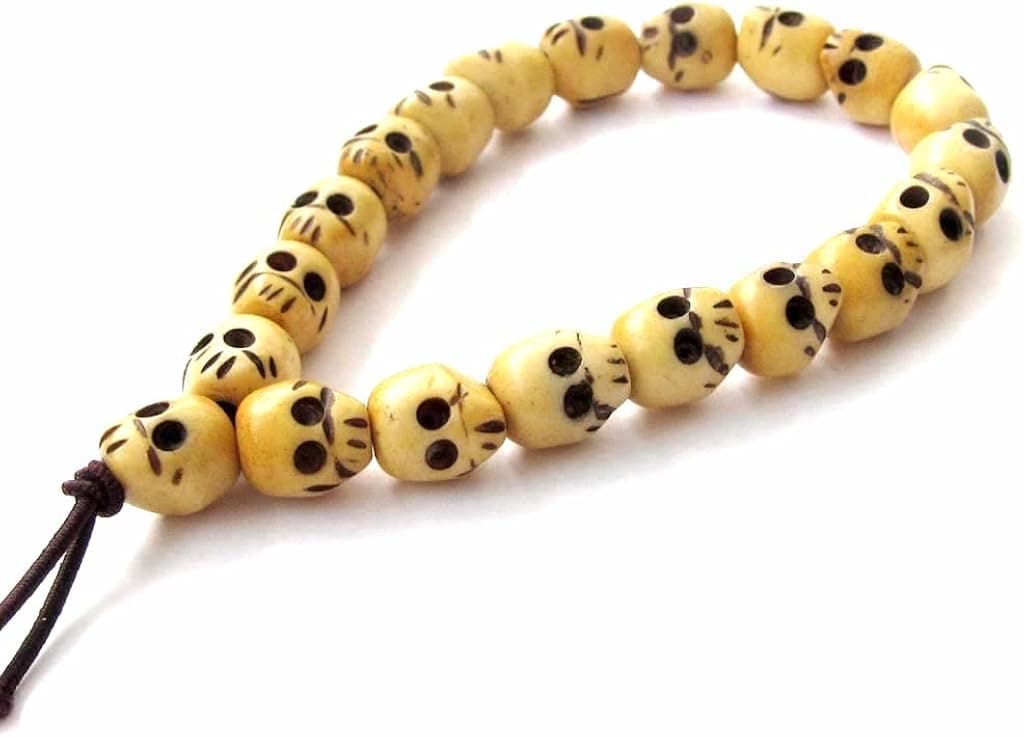 OVALBUY Ox Bone Buddhist Carved Skull Beads Mala Bracelet for Meditation