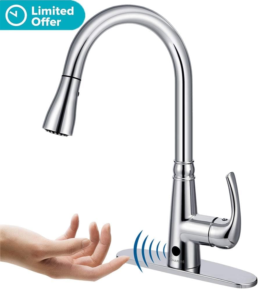 Motion Sensor Kitchen Faucet with Sprayer - Polished Chrome No Touch Touchless Faucets Stainless Steel Single Handle Spot Resist by BOHARERS