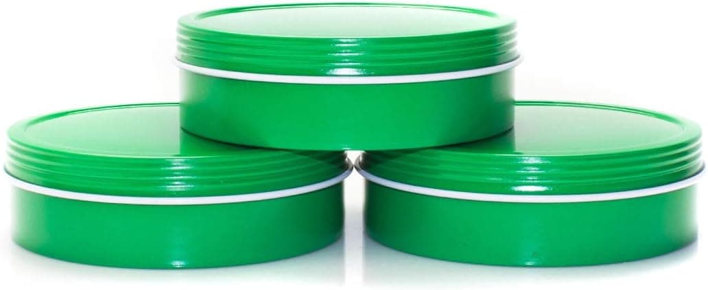 Mimi Pack 6 oz Shallow Round Metal Tin Can Empty Screw Top Lid Steel Containers For Cosmetics, Favors, Spices, Balms, Gels, Candles, Gifts, Storage 24 Pack (Green)