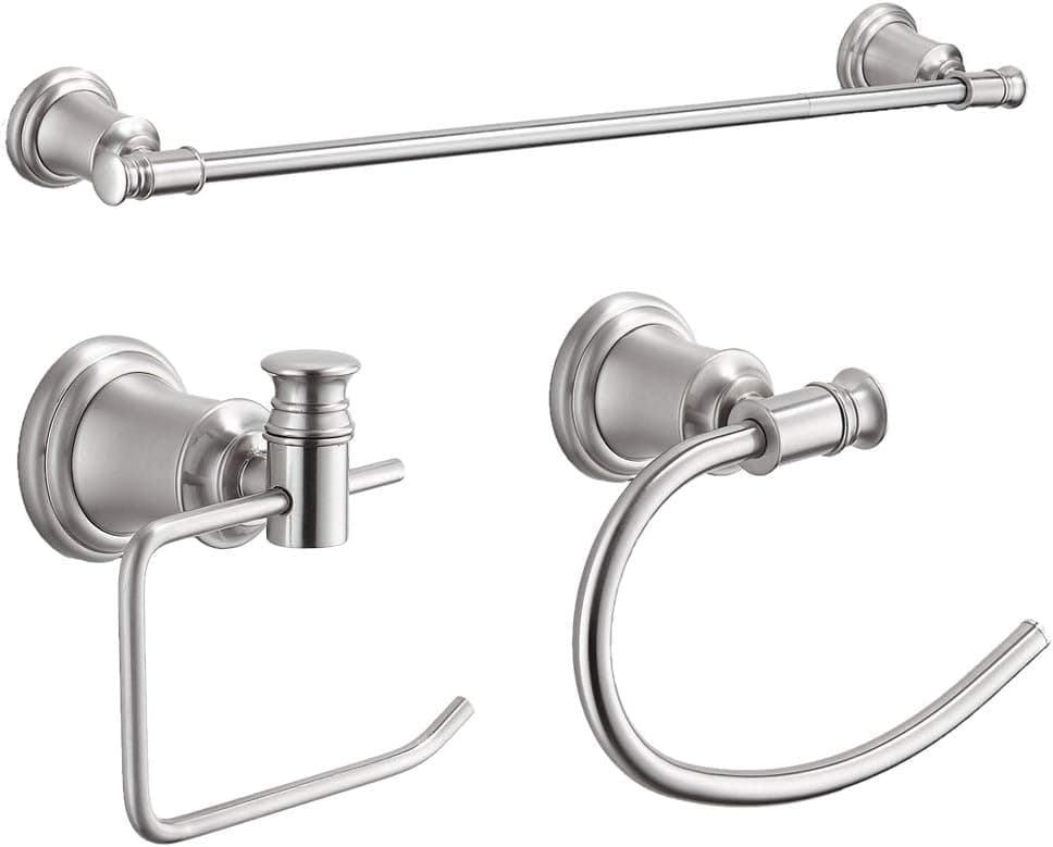 Cavoli 3-Piece Bathroom Accessories Set Wall Mounted,Toilet Paper Holder,Towel Ring, Adjustable Towel Bar(18’’-24’’),Zinc Alloy,Brushed Nickel