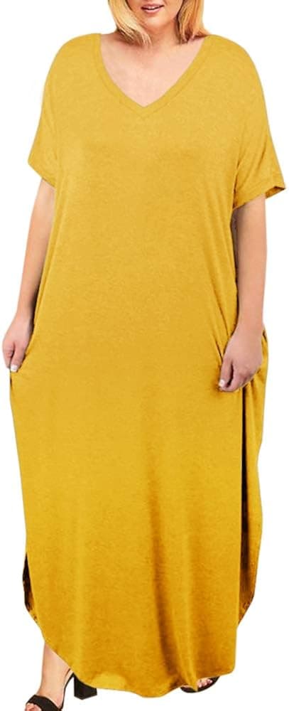 Women's Plus Size Maxi Dresses Short Sleeve Casual Summer Plain Split Long Dress with Pockets (XXXX-Large, Yellow)
