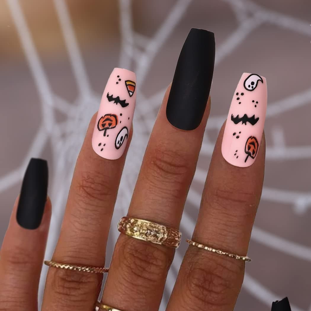 Uranian Extra Long Coffin Press on Nails Orange Black White Blood Matte Fake Nails Ballerina Solid Spots Fangs Pumpkin Full Cover False Nails Gothic Halloween Nails 24pcs (Pattern-D)