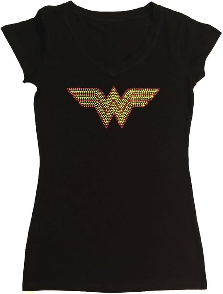 Womens Fashion T-shirt with Wonder Woman in Rhinestones (large, Black Cap Sleeve)
