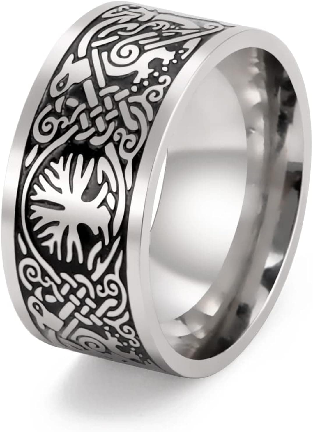 Amaxer Tree of Life Odin's Raven Vintage Ring Viking Celtic Knot Rings Ancient Nordic Stainless Steel Jewelry for Men Size 7-13