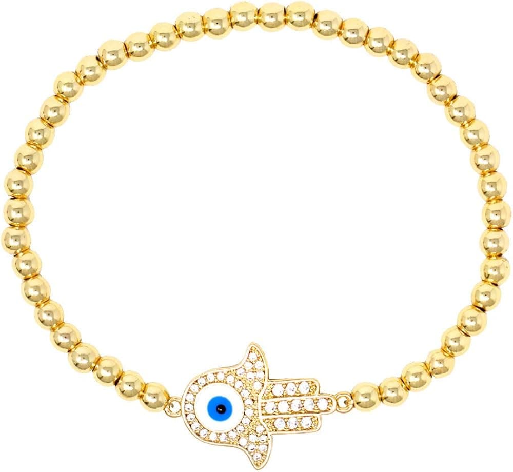 SM Women Teen Fashion Jewelry Evil Eye – Hamsa W/Clear Rhinestone Stainless Steel Bead Ball Stretchable Elastic Bracelet (Hamsa - Gold)