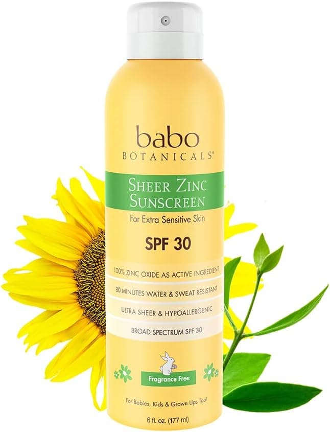Babo Botanicals Sheer Zinc Continuous Spray Sunscreen SPF 30 with 100% Mineral Active, Water-Resistant, Fragrance-Free, Vegan, for Babies, Kids or Sensitive Skin - 6 Oz. - 1-Pack