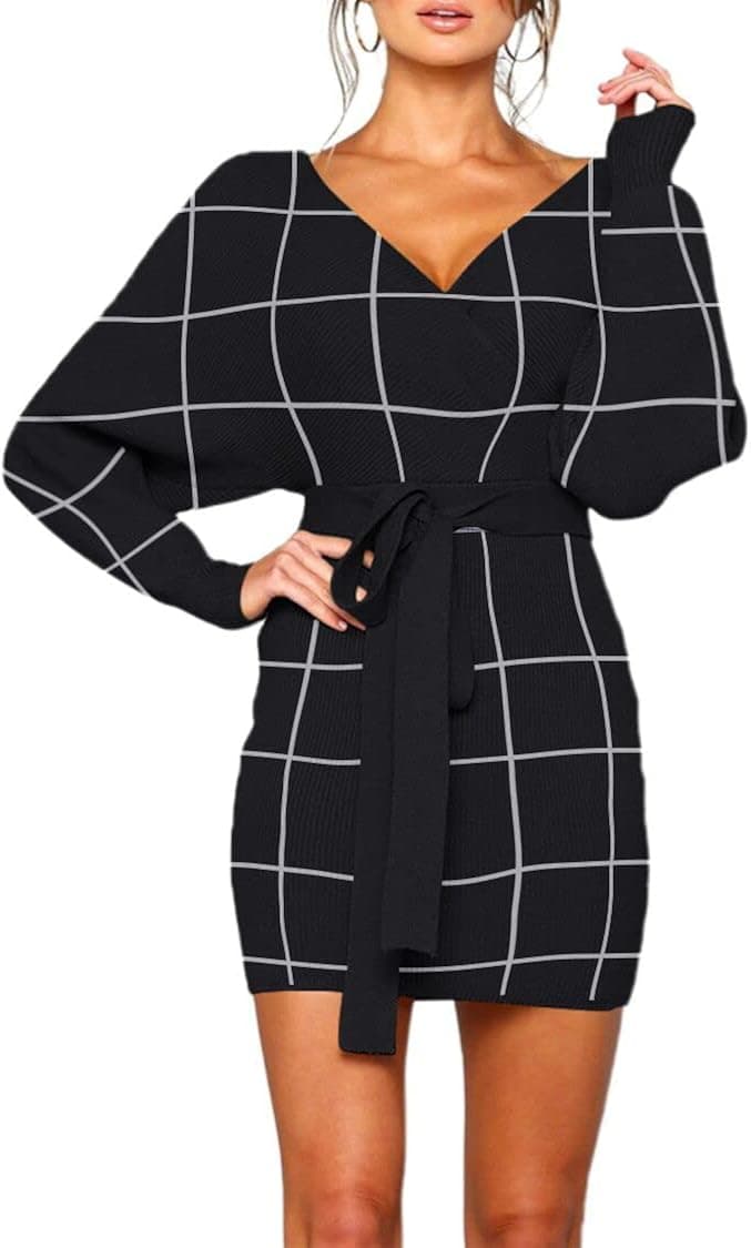 Zonsaoja Women's Sweater Dress Sexy V Neck Long Sleeve Backless Wrap Knitted Mini Dresses