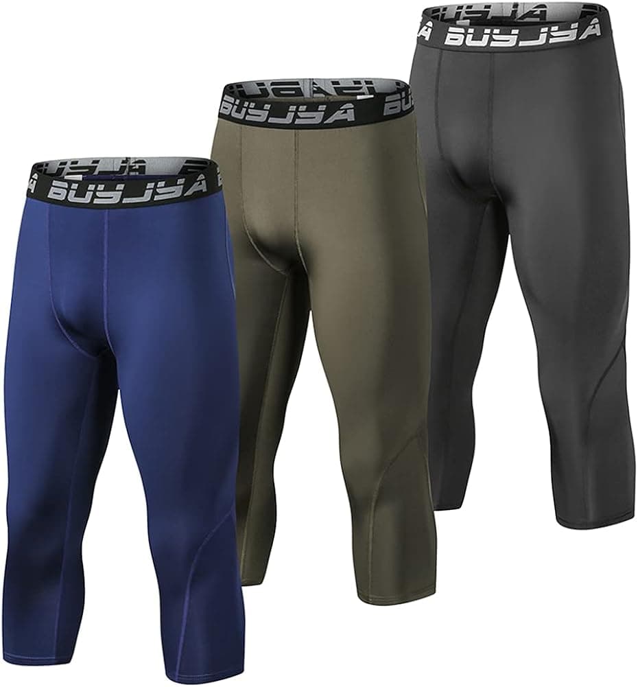 BUYJYA 3 Pack Men's 3/4 Compression Pants Running Tights Workout Leggings Athletic Cool Dry Yoga Gym Clothing Gift