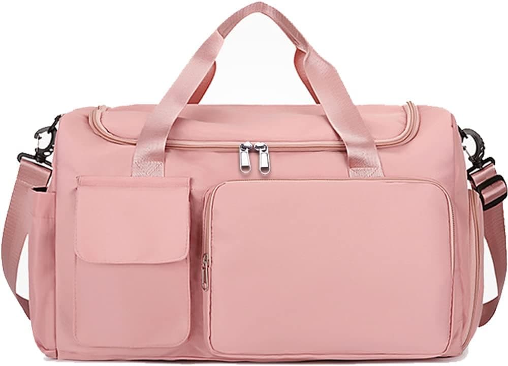 JUNHE Foldable Travel Duffel Bag Tote Carry on Luggage Sport Duffle Weekender Camping Gym Packable Lightweight Overnight for Women and men with Water-Resistant Shoes Compartment Unisex(Pink)