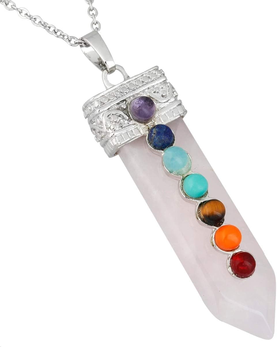 Nupuyai 7 Chakra Stone Necklace for Unisex, Healing Crystal Point Pendant with Chain for Women and Men