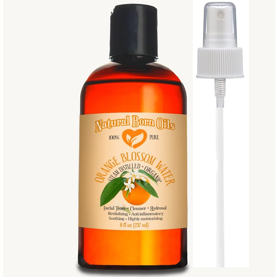 Natural Born Oils 8oz Orange Blossom Water Hydrosol, 100% Pure and Natural, Organic, Steam-distilled, Facial Toner Cleanser, with Sprayer