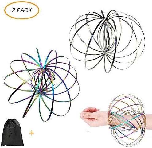 Flow Ring Kinetic Spring Toy, 3D Spinner Ring Arm Slinky Magic Roll Ring Multi Sensory Interactive Spring Bracelet - 2 Pack (2 Pack- Silver+Rainbow)