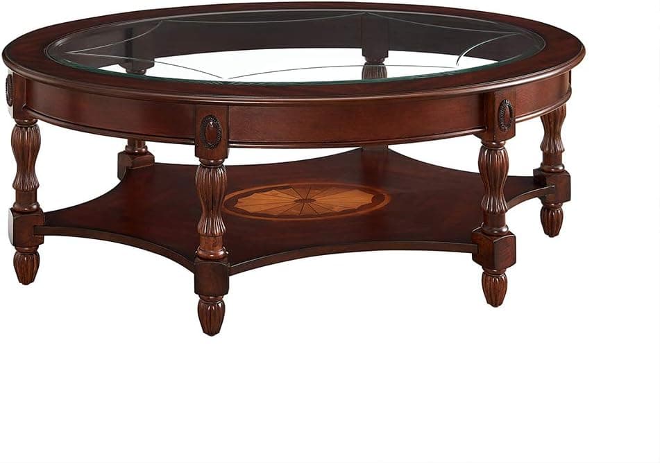 PADMA HOUSE Traditional Solid Wood Oval Coffee Table with Tempered Glass Top for Living Room,Brown