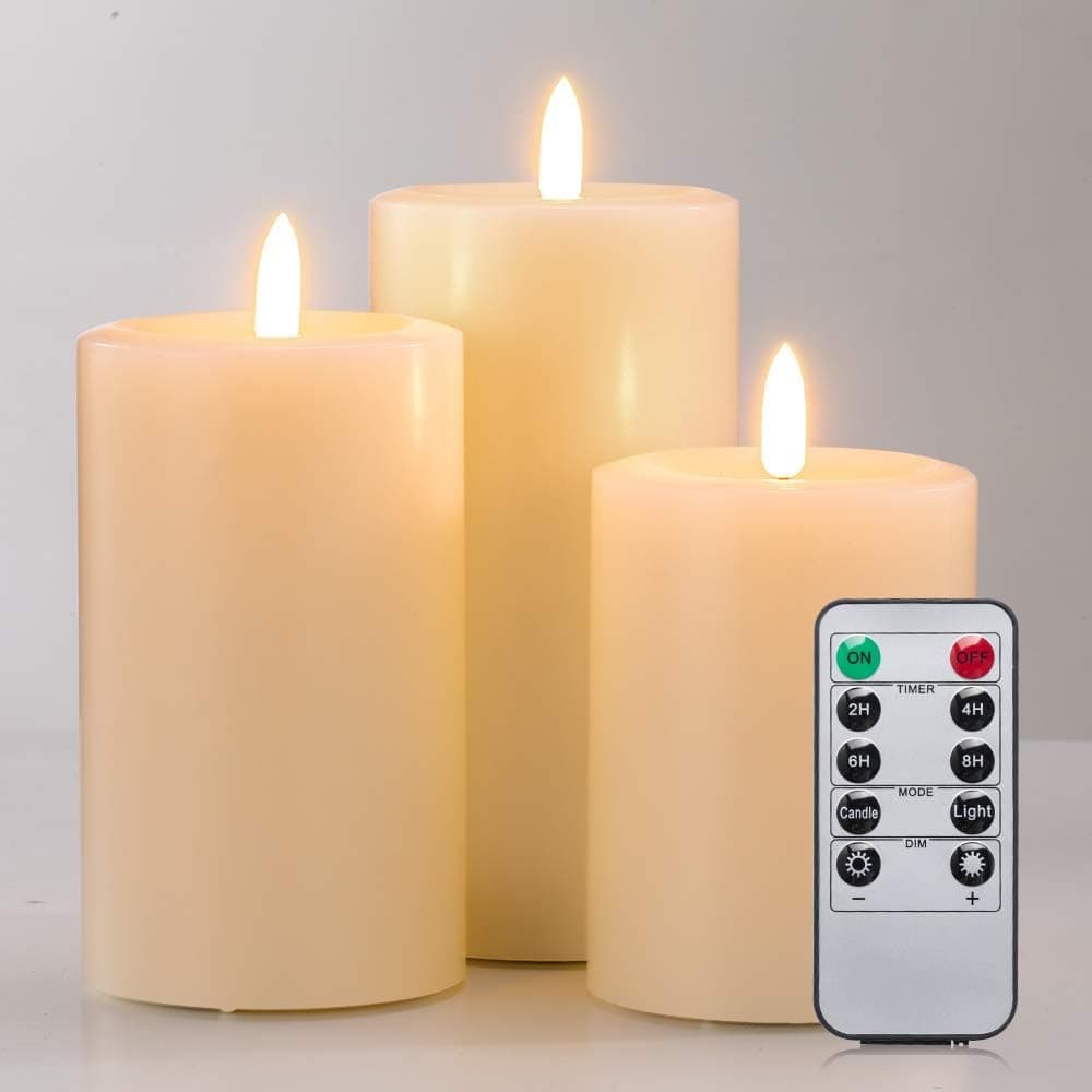UNIVELA Flameless Candles Set of 3, Realistic Real Wax Top Flat 3D Wick Ivory Pillar Candles Set with Remote, Size D: 3'' x H: 4'' 5'' 6'', 2H 4H 6H 8H Timer, Flicker, Dimmer, Run by 2 AA Battery