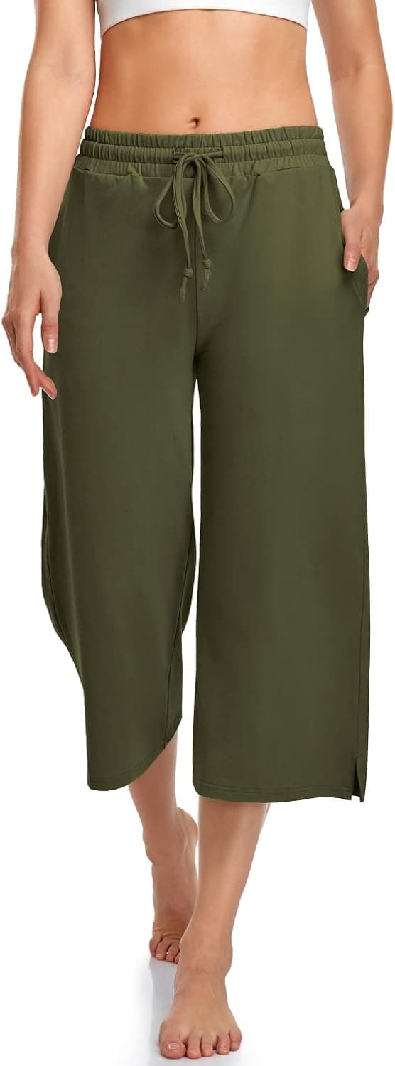 UEU Womens Capri Yoga Pants Wide Leg Drawstring Loose Comfy Lounge Pajama Capris Sweatpants with Pockets