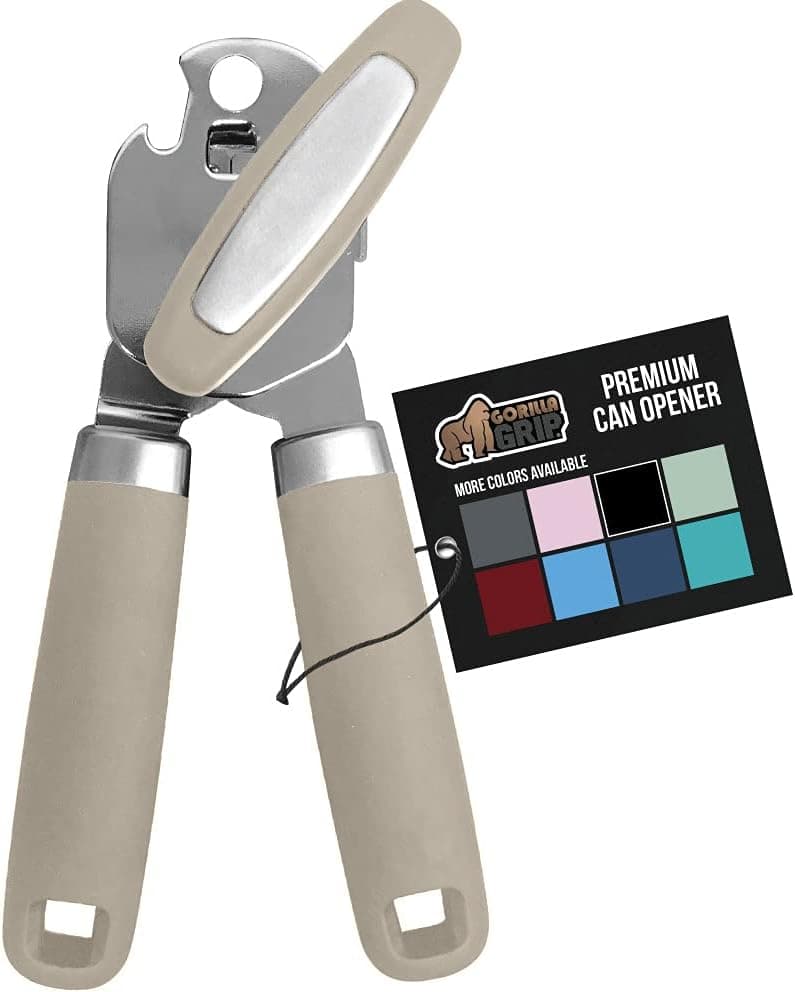 Gorilla Grip Manual Handheld Strong Can Opener, Sharp Cutting Wheel for Smooth Edge Cut, Oversized Easy to Use Turn Knob, Comfortable Soft Handle, Includes Built in Bottle Opener, Taupe