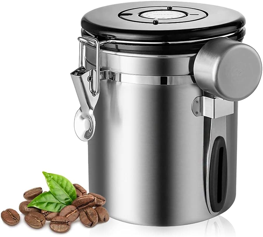 Stainless Steel Airtight Canister Coffee Canister, Food Storage Container with Date Tracker and Scoop,Sturdy Locking Clamp for Beans, Grounds, Tea, Flour, Cereal, Sugar, 16OZ, Silver