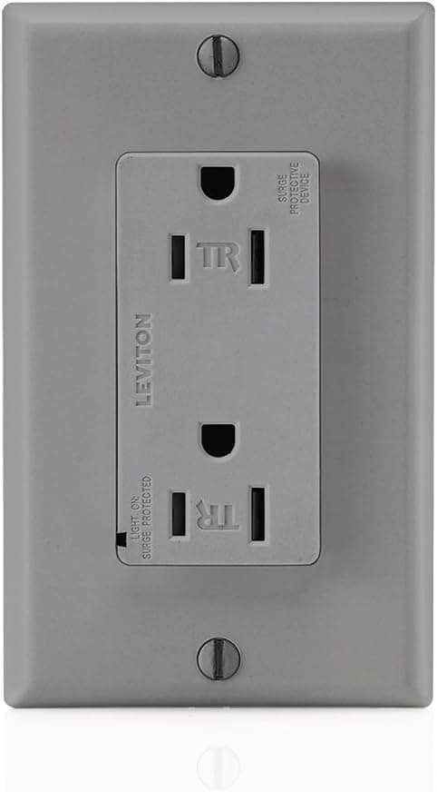 Leviton T5280-GY 15 Amp, 125 Volt, Tamper Resistant, Decora Duplex Surge Suppressor Receptacle, Straight Blade, Commercial Grade, Self Grounding, Gray