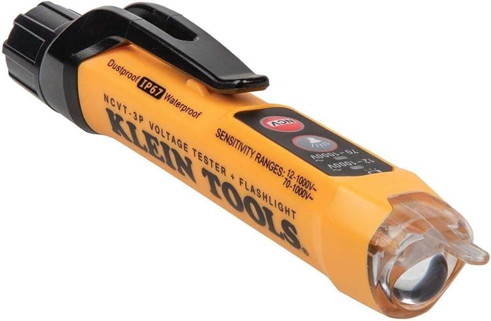 Klein Tools NCVT3P Dual Range Non Contact Voltage Tester, 12-1000V AC Pen, Flashlight, Audible and Flashing LED Alarms, Pocket Clip (Renewed)