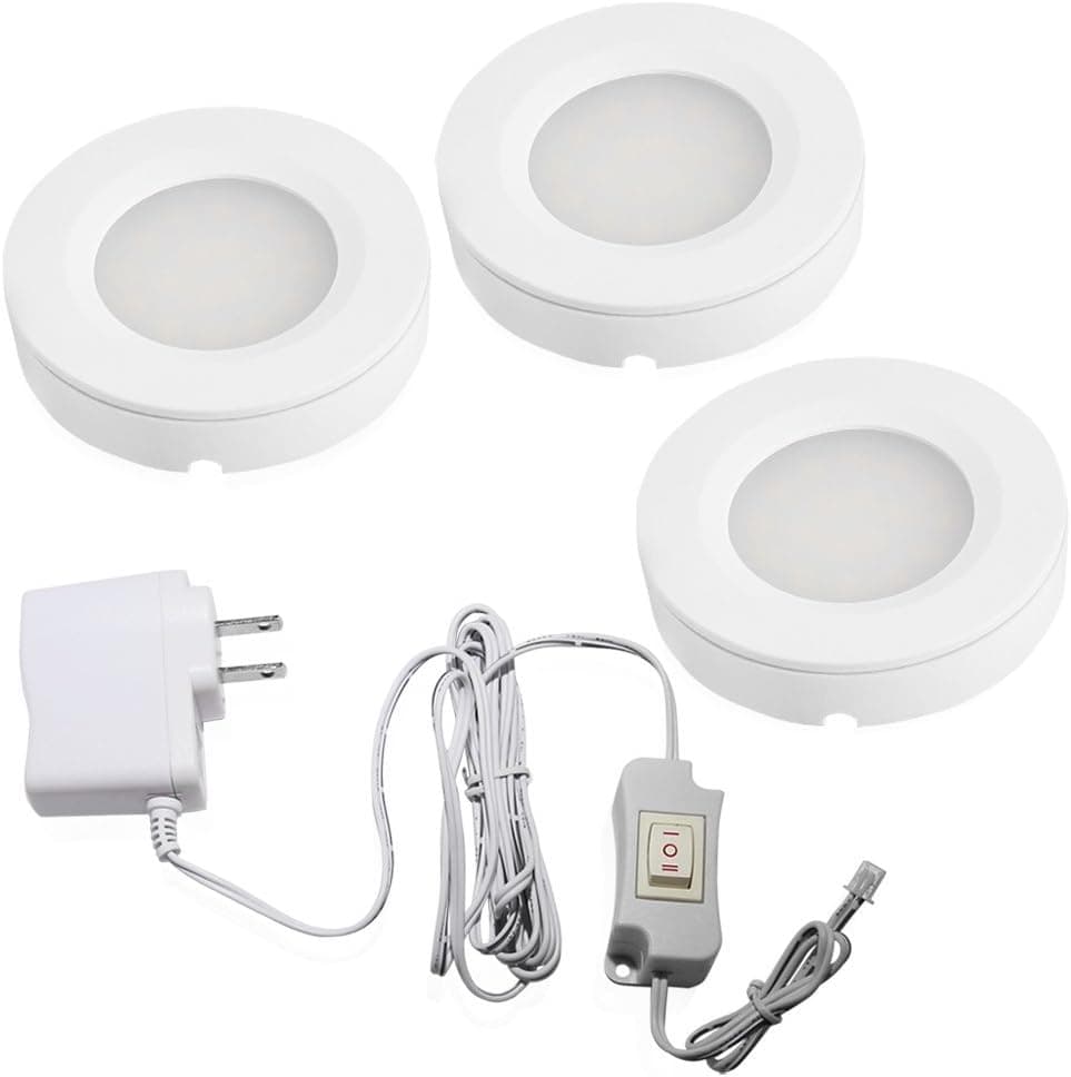 LED Under Cabinet Lighting Kit - 2Watt Warm White LED Puck Lights with UL-Listed Power Adapter for Closet, Kitchen Cabinet, Under Counter Lighting (Surface & Recessed Mount), 3Pcs