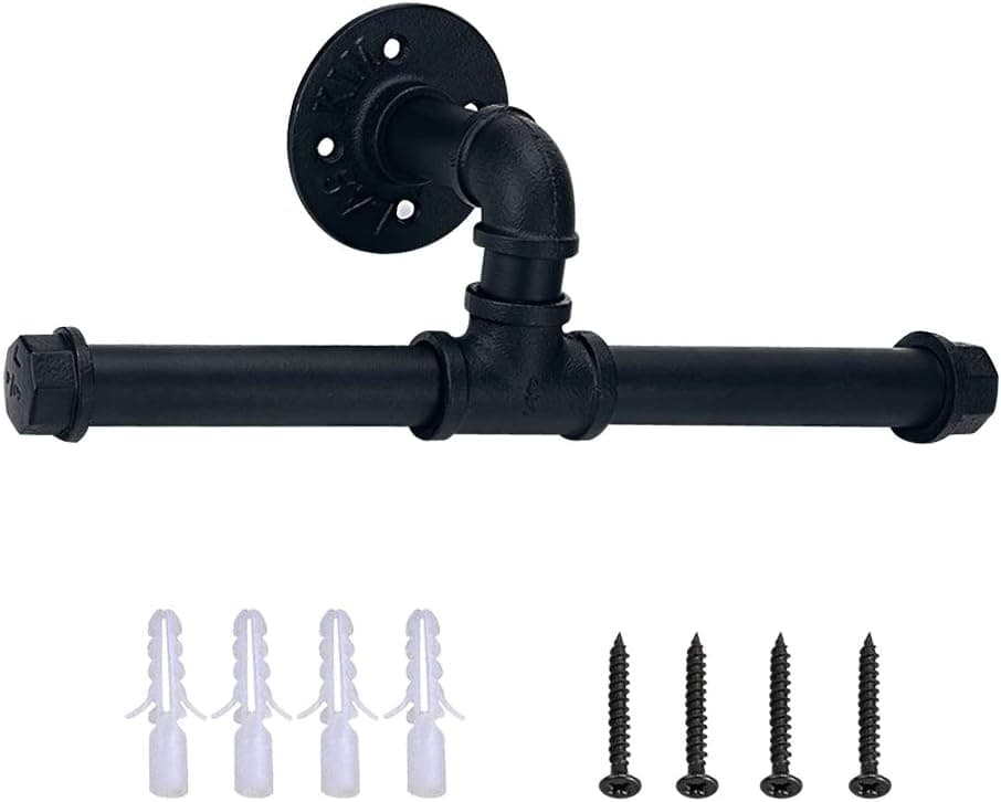 SUNMALL Vintage Rustic Toilet Paper Holder with Double Holder Roller-Wall Mounted Retro Industrial Pipe Roll Tissue Holder for Bathroom, Bedroom, Kitchen,Electroplated Finish Black