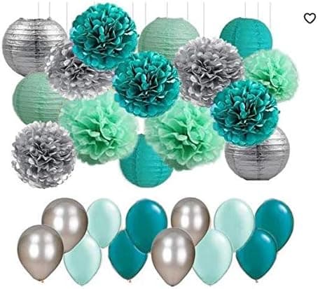 Mermaid Birthday Party Decorations Supplies 45pcs/Mint Green Silver Teal Tissue Paper Pom Poms Lanterns Paper Honeycomb Balls and Balloons Wedding Bridal Shower Birthday Decorations