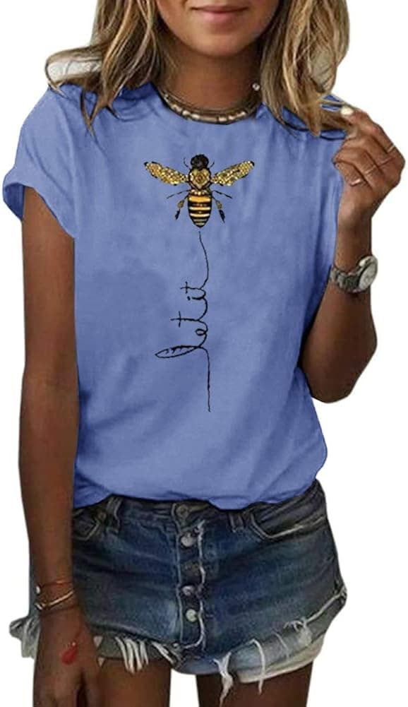 Pfvkeree Womens Cute Bee Graphic Tee Shirts Short Sleeve Let It Bee Funny Letter Print Summer T-Shirt Tops