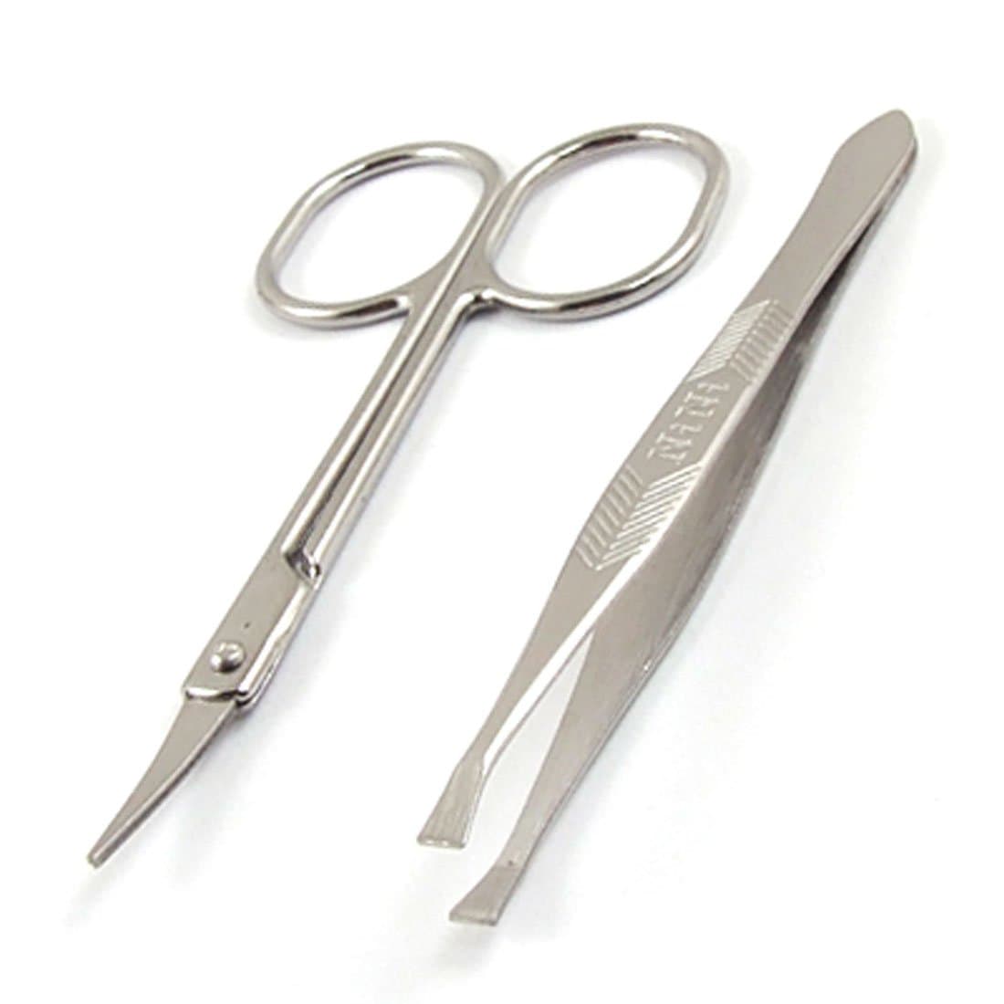 uxcell Women Flat Edge Tweezers Metal Scissors Eyebrow Trimmer Beauty Tool